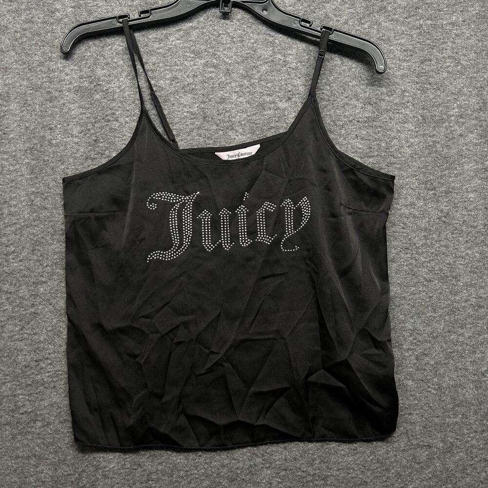 Juicy Couture Black Satin Camisole Top M Rhinestone Black Spaghetti Strap‎ EUC